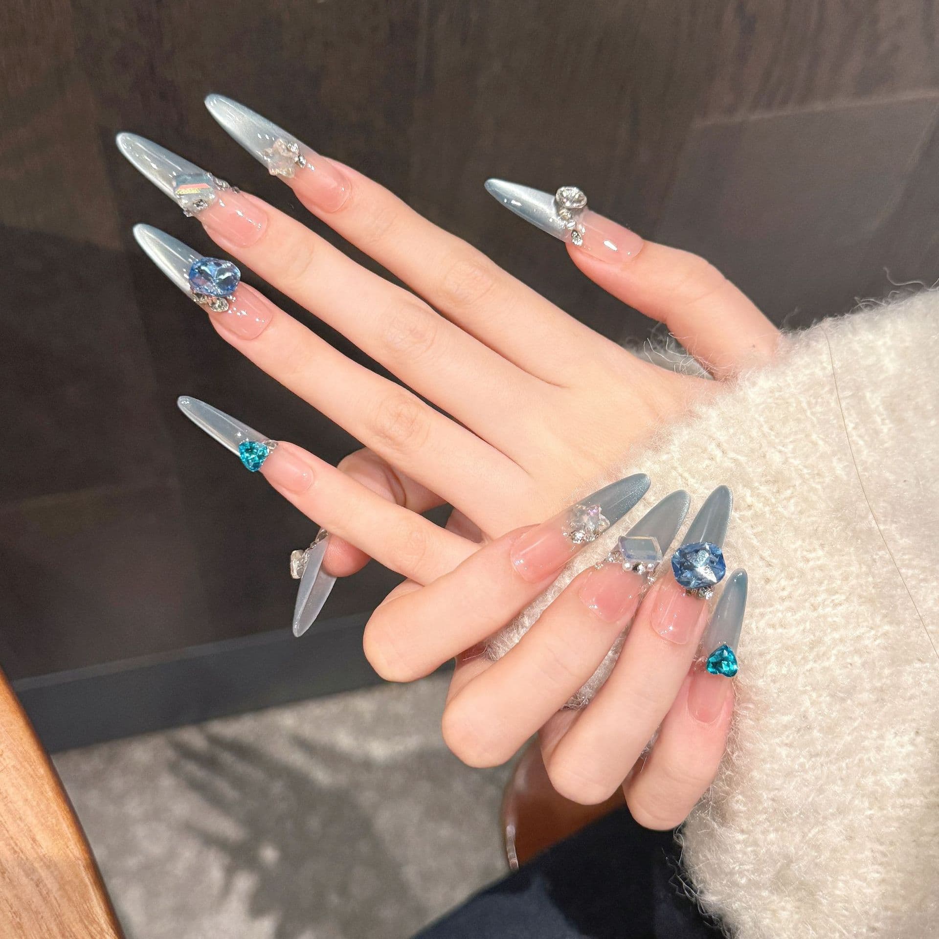 Blue Chrome Stiletto Glitter Press-On Nails by Winails