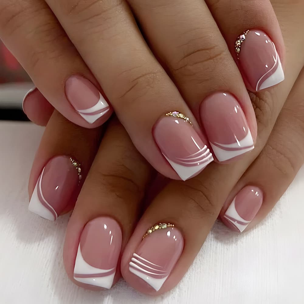 Layered White & Mauve French Tip with Rhinestones Press-On Nails by Winails