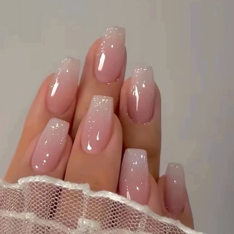 Glossy Pink Ombre Coffin with Fine Glitter French Tip Press-On Nails by Winails