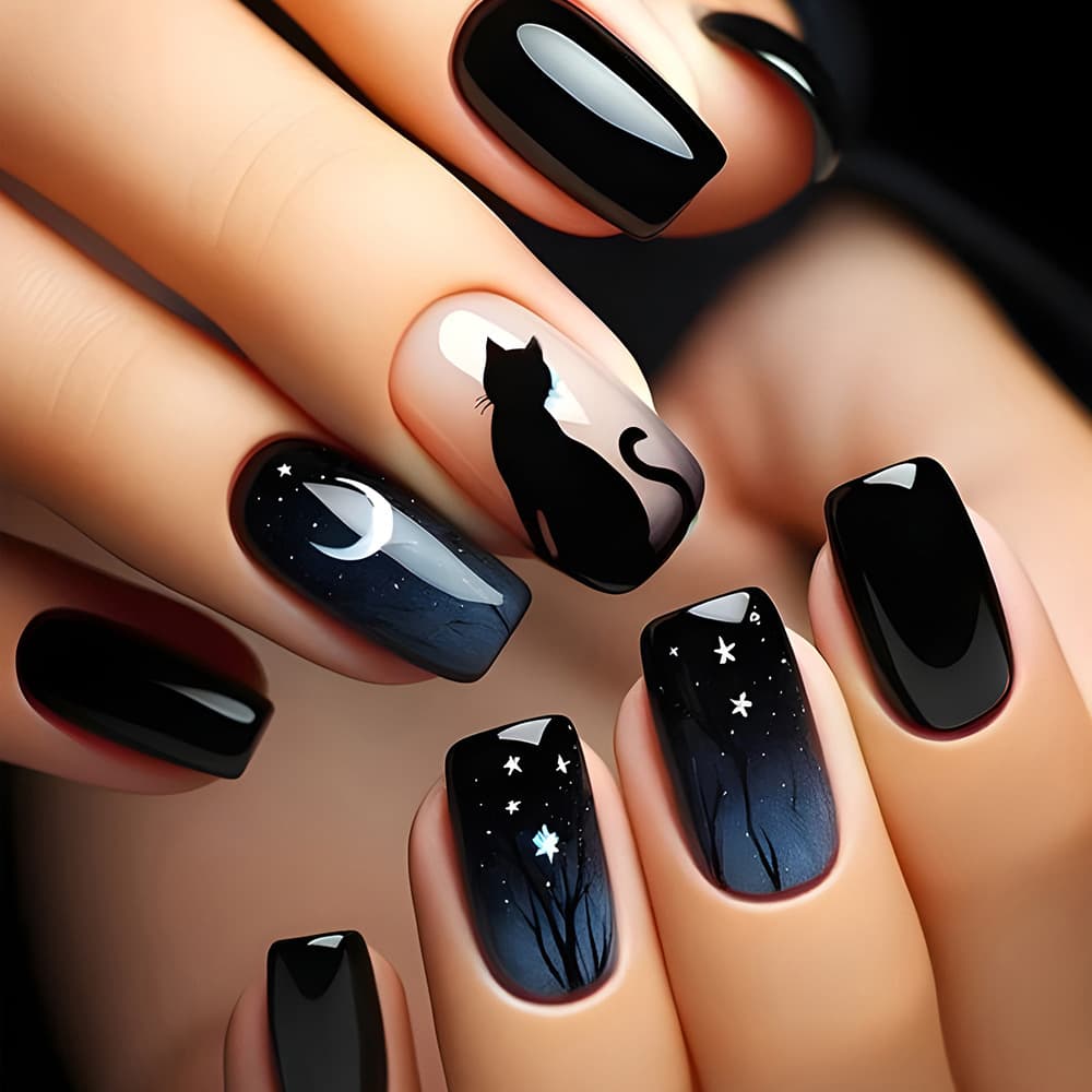 Midnight Cat & Starry Sky Square Classic Press-On Nails by Winails