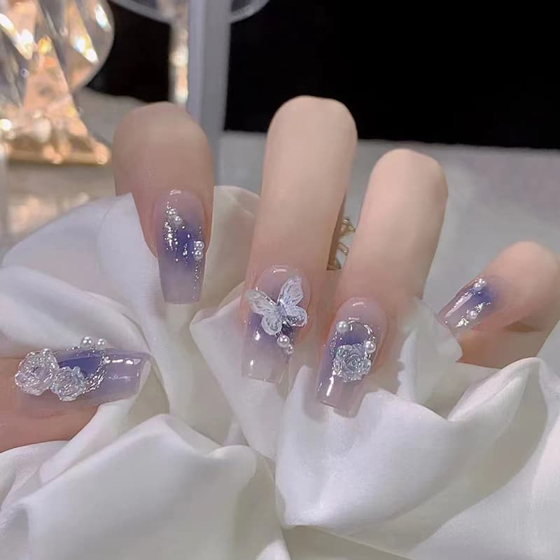 Purple Ombre 3D Butterfly & Floral Press-On Nails by Winails