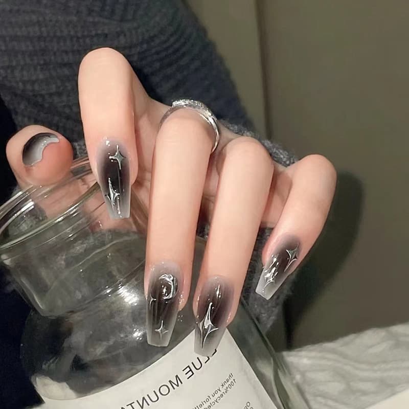 Black Ombre Starburst Coffin Classic Press-On Nails by Winails