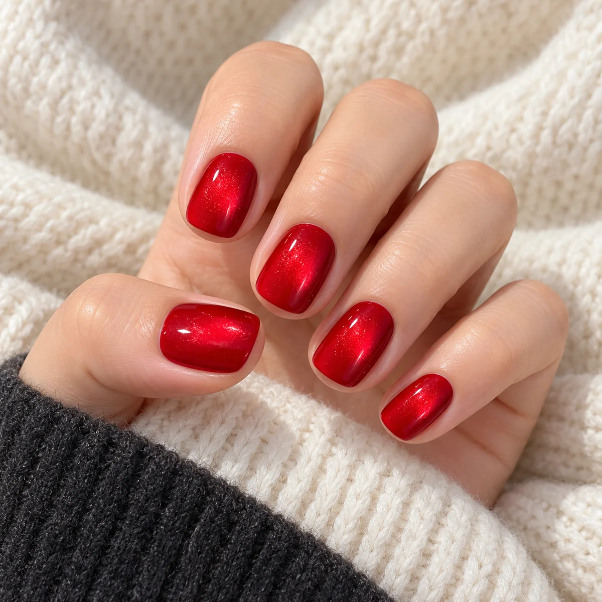 A hand wearing short glossy red shimmer press-on nails beside ivory knit fabric and a charcoal cuff.
